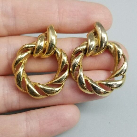 Vintage Gold Tone Door Knocker Style Stud Dangle Spiral Earrings, Retro 80s - Picture 1 of 7